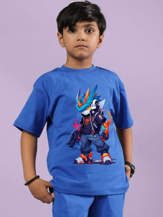 ROBO SUPER T-SHIRT FOR BOYS AND GIRLS BLUE Boy wearing blue Robo Super T-shirt with futuristic graphic, perfect for active kids; unisex style for boys and girls.