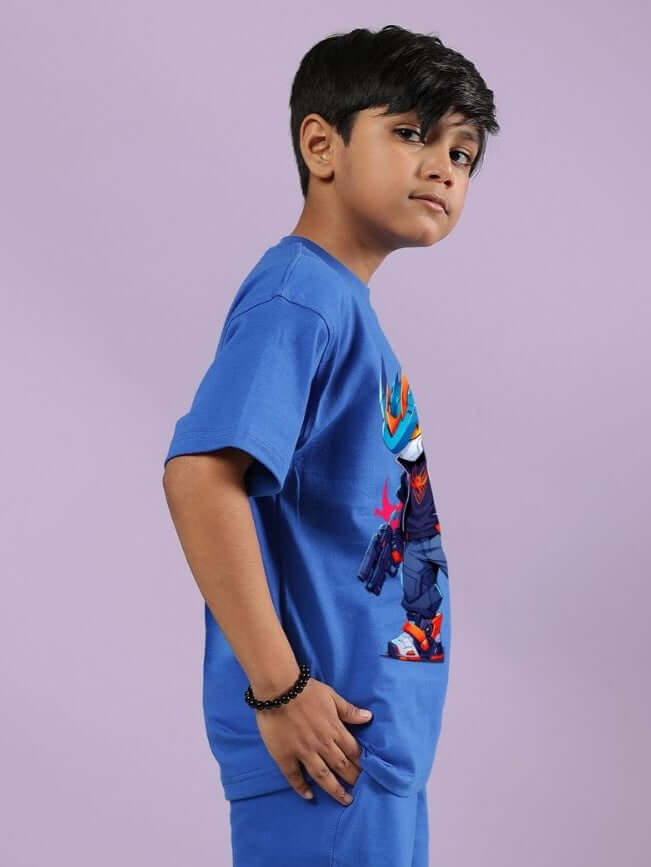ROBO SUPER T-SHIRT FOR BOYS AND GIRLS BLUE Young boy wearing a blue Robo Super T-shirt featuring a cool graphic, suitable for both boys and girls, made from high-quality cotton blend.