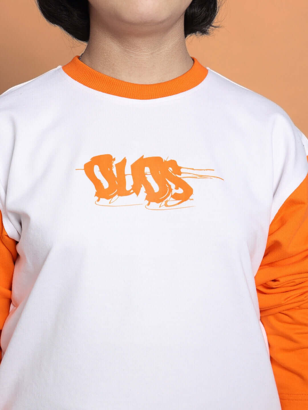 Unisex white-orange Rock & Roll oversized co-ord top with logo for kids, featuring premium cotton fabric and relaxed fit design.
