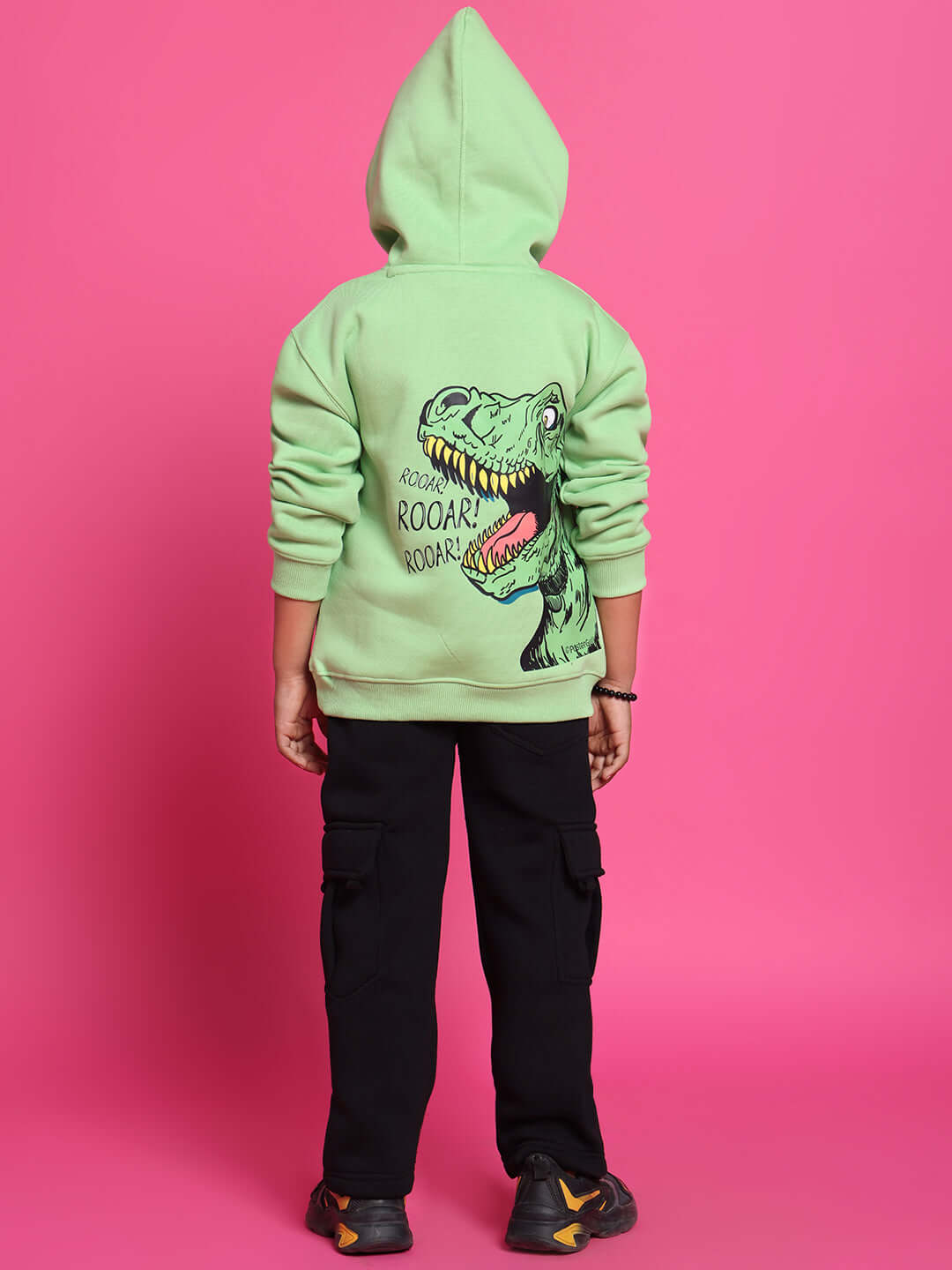 ROOAR CO-ORD FOR BOYS GIRLS NEON GREEN showing child wearing dinosaur hoodie with neon green color against pink background