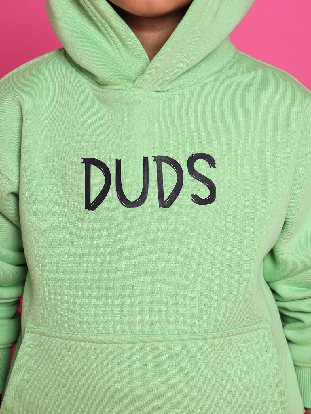 Neon green 'DUDS' hoodie for kids, ideal for fashion-conscious boys and girls. Vibrant and trendy co-ord outfit.