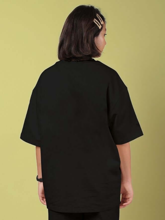 Back view of ROSE CHARM OVERSIZED T-SHIRT FOR BOYS AND GIRLS BLACK with relaxed fit and premium cotton construction.