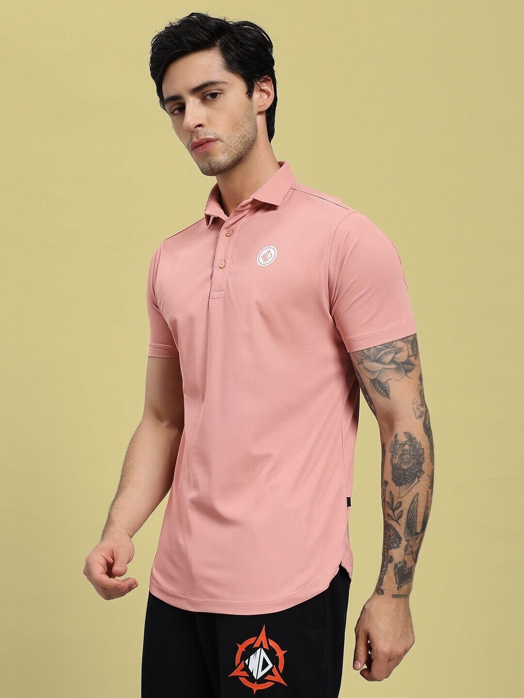 Man wearing ROSEWOOD POLO REGULAR FIT T-SHIRT PINK, showcasing elegant and comfortable design with high-quality fabric.