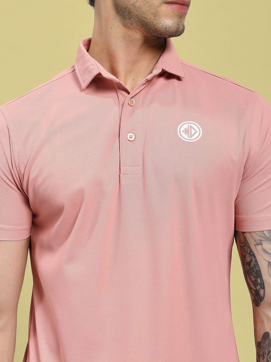 Close-up of the ROSEWOOD POLO REGULAR FIT T-SHIRT PINK, showing its elegant design and breathability, ideal for comfort and style.