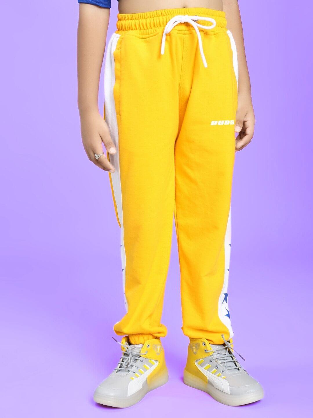 ROX PRIMER JOGGER FOR BOYS AND GIRLS YELLOW WHITE, stylish yellow and white joggers for kids, comfortable cotton-blend pants.