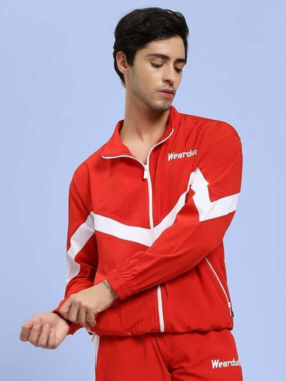 ROYAL COMFORT RELAXED FIT JACKET RED on male model, showcasing casual elegance in striking red. Ideal for everyday wear and relaxation.