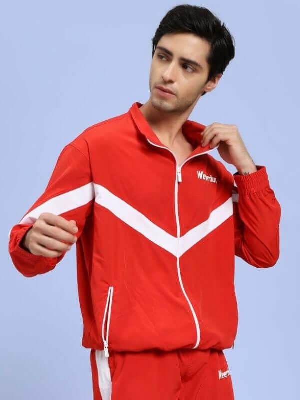 Man wearing ROYAL COMFORT RELAXED FIT JACKET RED with white stripes, showcasing elegant casual fashion for adults.