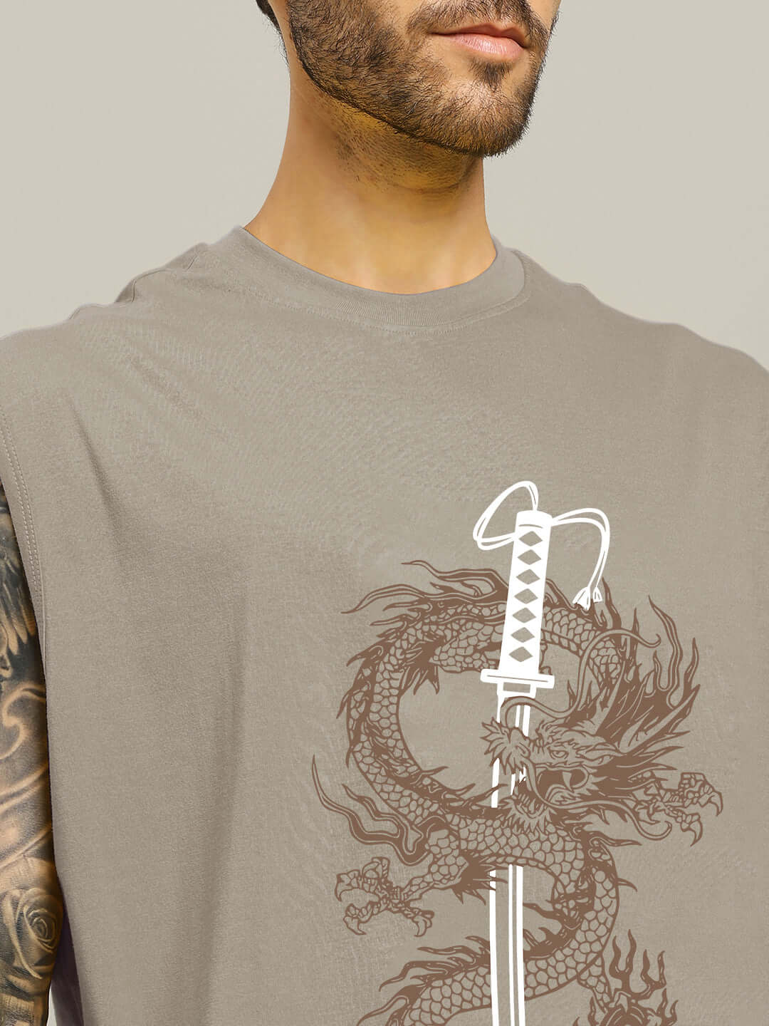 Grey gym t-shirt featuring a Ryujin Kai dragon print, designed for custom fit options. Ideal for workout enthusiasts seeking style and comfort.
