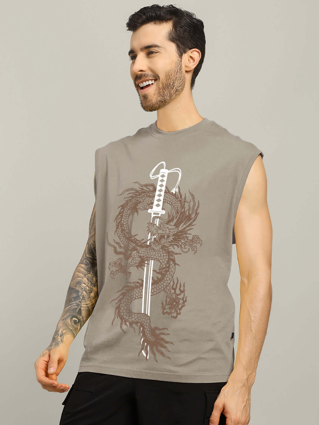 Man wearing a grey Ryujin Kai printed gym t-shirt showcasing a dragon and sword design, ideal for custom fit