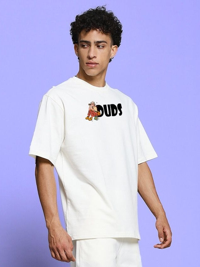 Model wearing SAFARI PRINTED OVERSIZED T-SHIRT OFF-WHITE against a purple background.