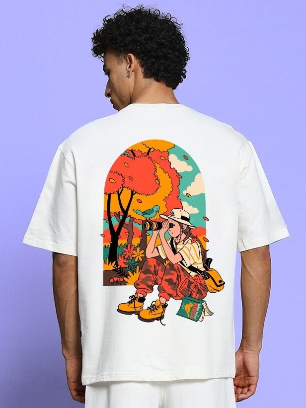 Back view of SAFARI PRINTED OVERSIZED T-SHIRT OFF-WHITE with colorful safari illustration.