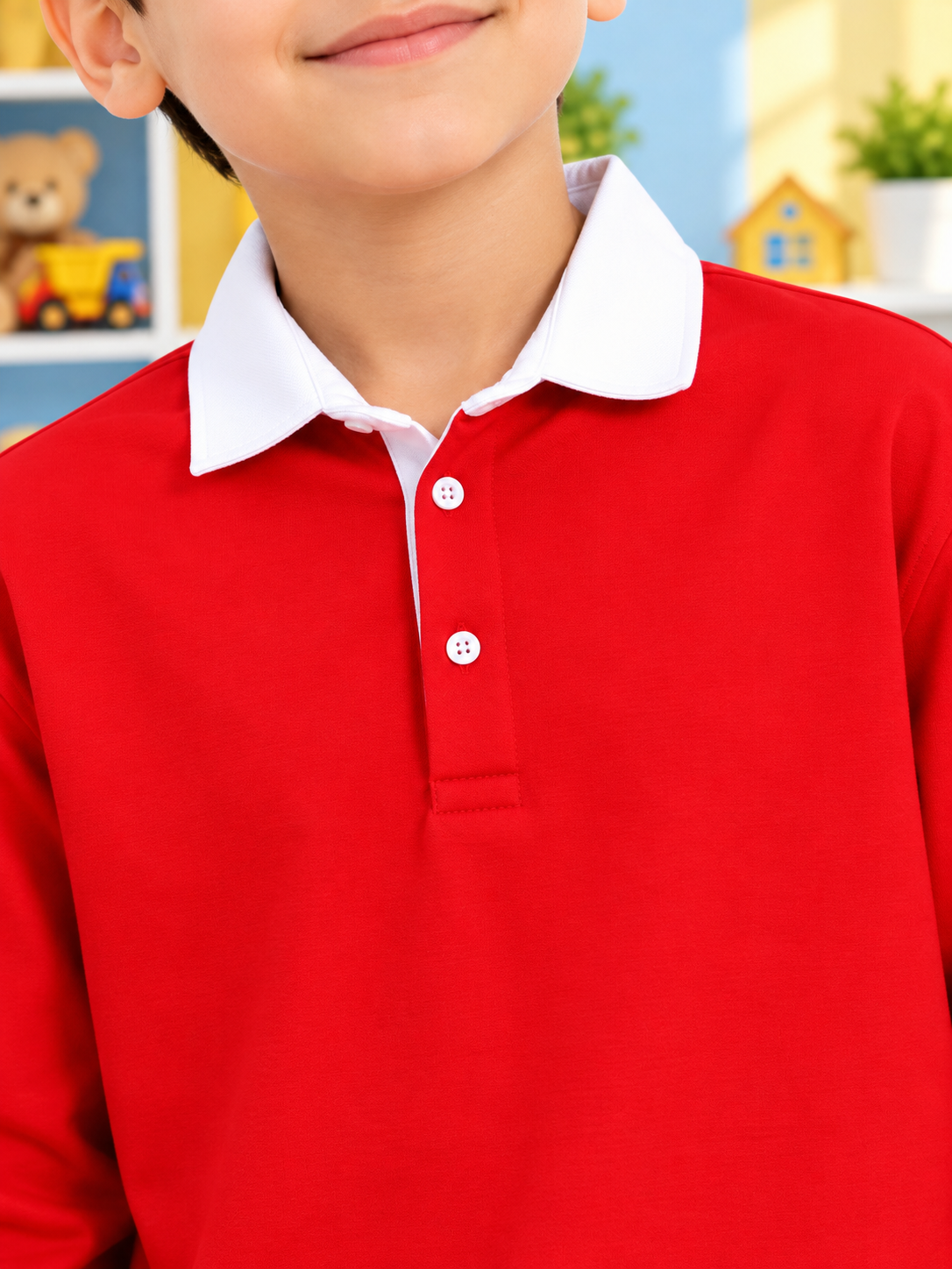 SAGOL POLO OVERSIZED SWEATSHIRT BOYS AND GIRLS RED close-up view showing white collar and button detail