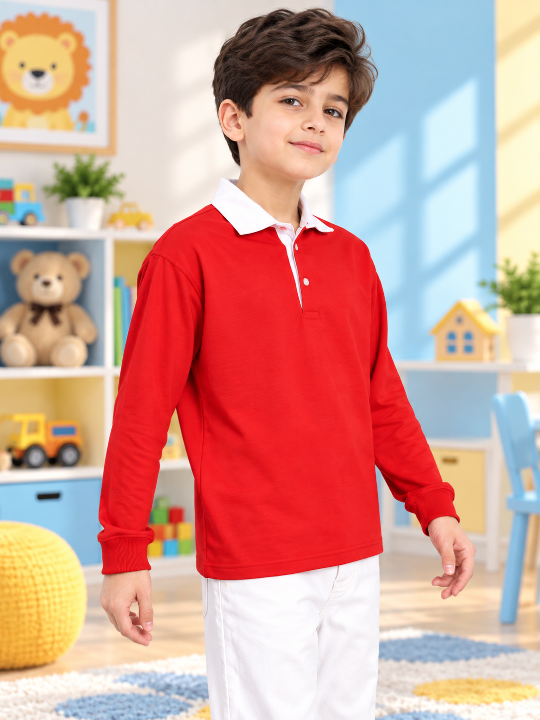 SAGOL POLO OVERSIZED SWEATSHIRT BOYS AND GIRLS RED worn by smiling boy in playroom setting
