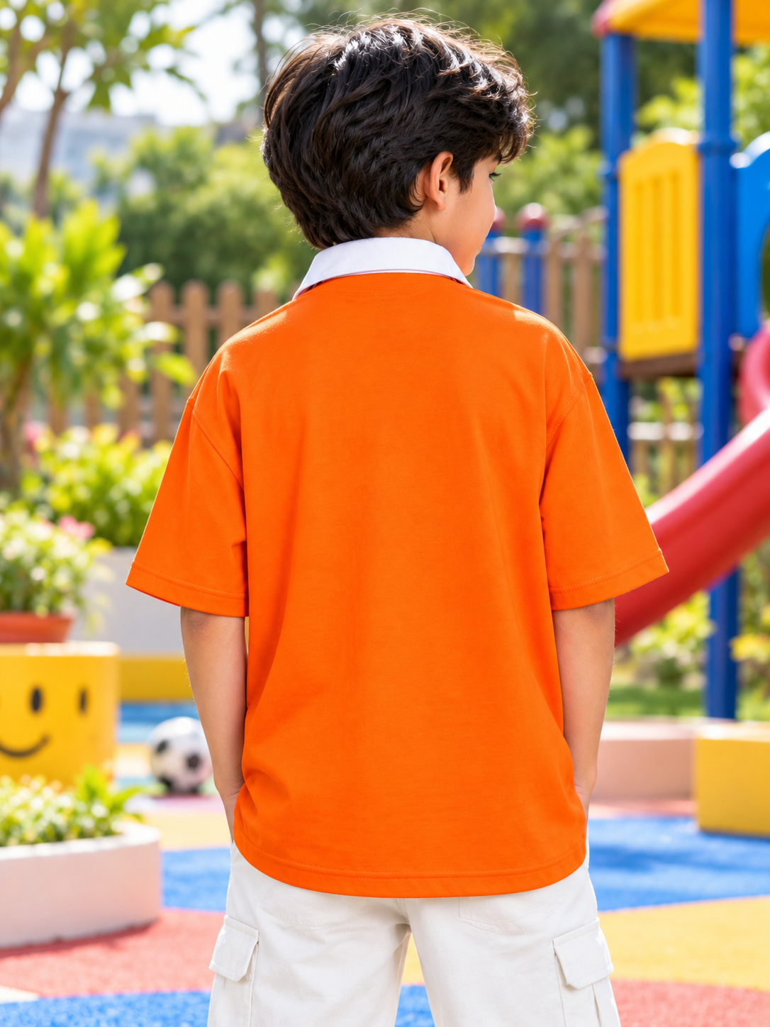 SAGOL POLO OVERSIZED T-SHIRT KIDS ORANGE - back view worn by boy at playground