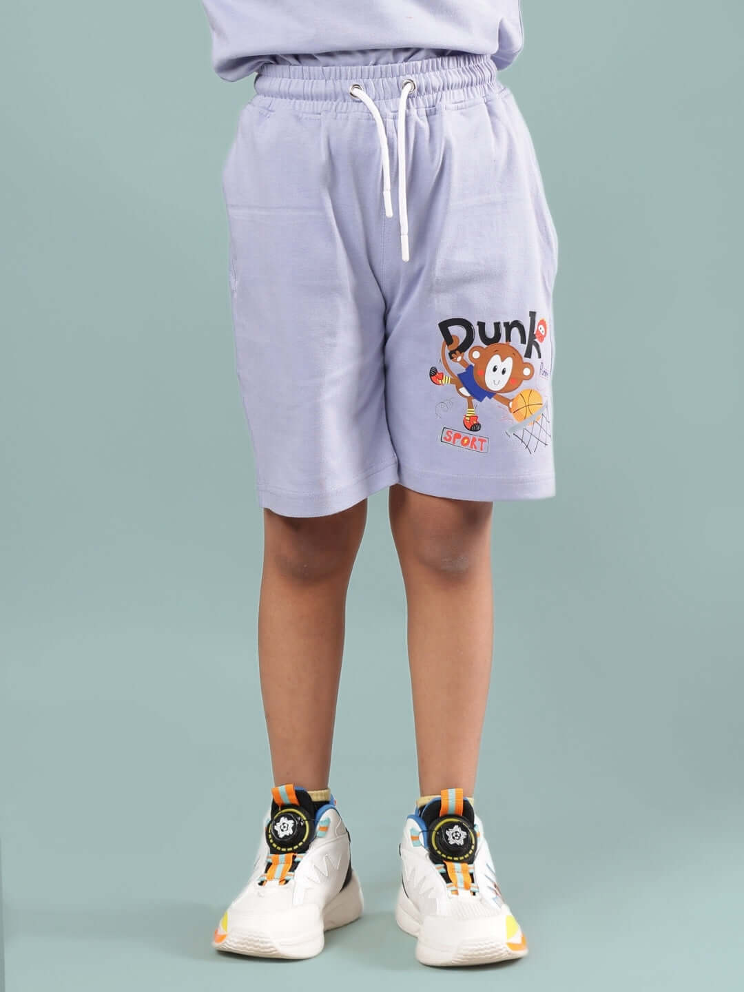 SAMMY SHORTS FOR BOYS & GIRLS LAVENDER with playful graphic design, ideal for kids, showcases casual style and custom fit option.