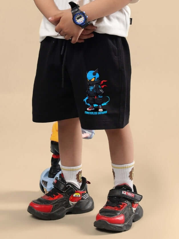 Child wearing SAMURAI PRINTED SHORTS FOR BOYS & GIRLS BLACK, showing front design and casual fit ideal for customization.