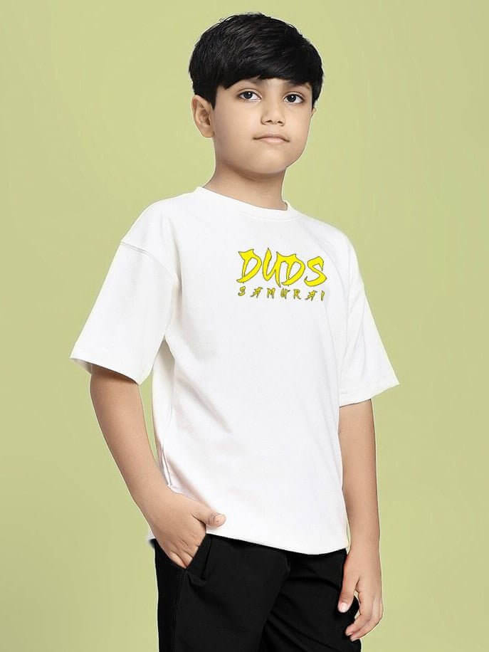 Boy wearing SAMURAI SOUL PRINTED T-SHIRT FOR BOYS AND GIRLS WHITE featuring a unique samurai-inspired design.