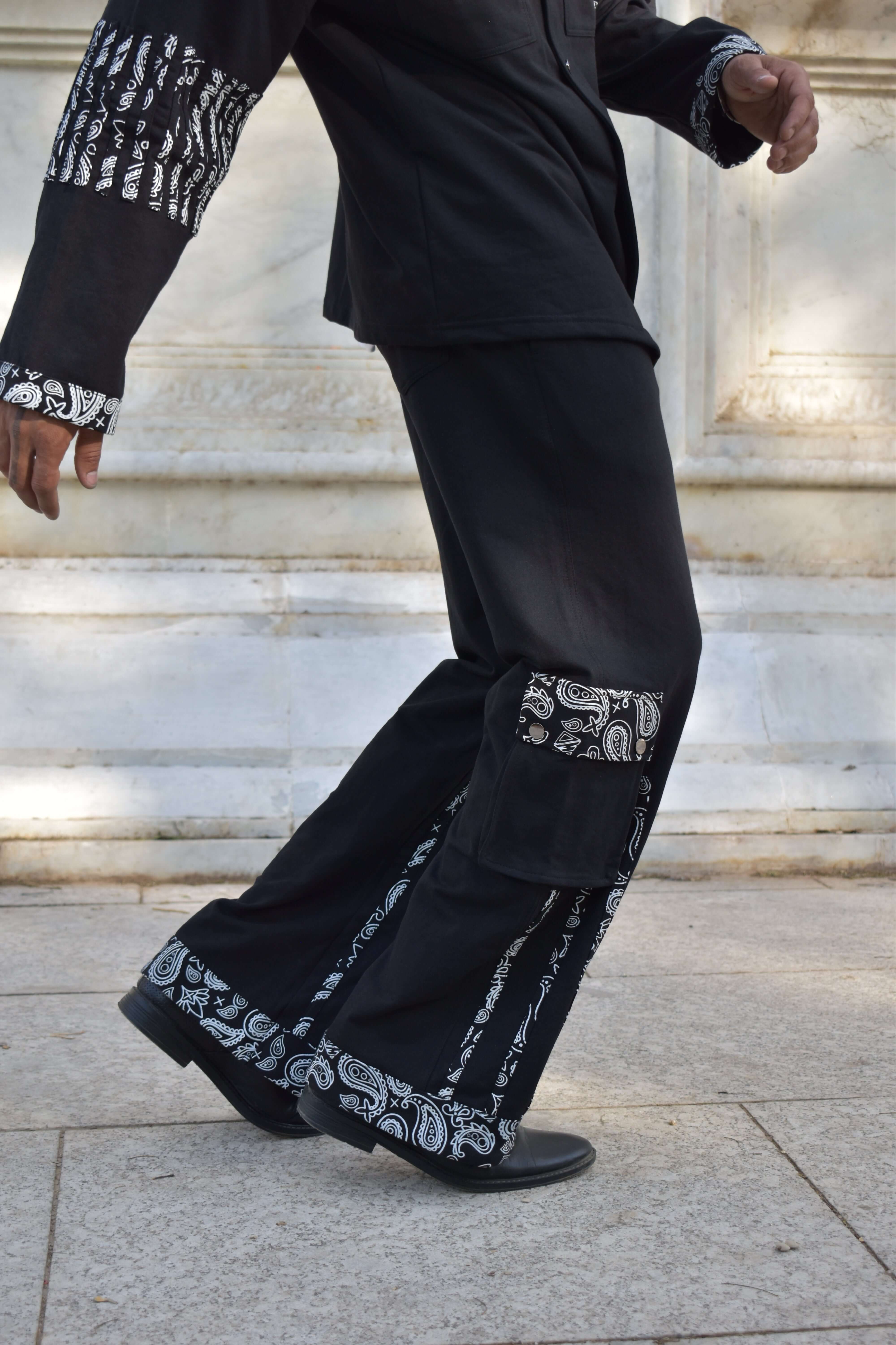 Sanganeri Co-ord Set in Black, featuring intricate patterns on premium heavy gauge 100% cotton terry fabric, India.