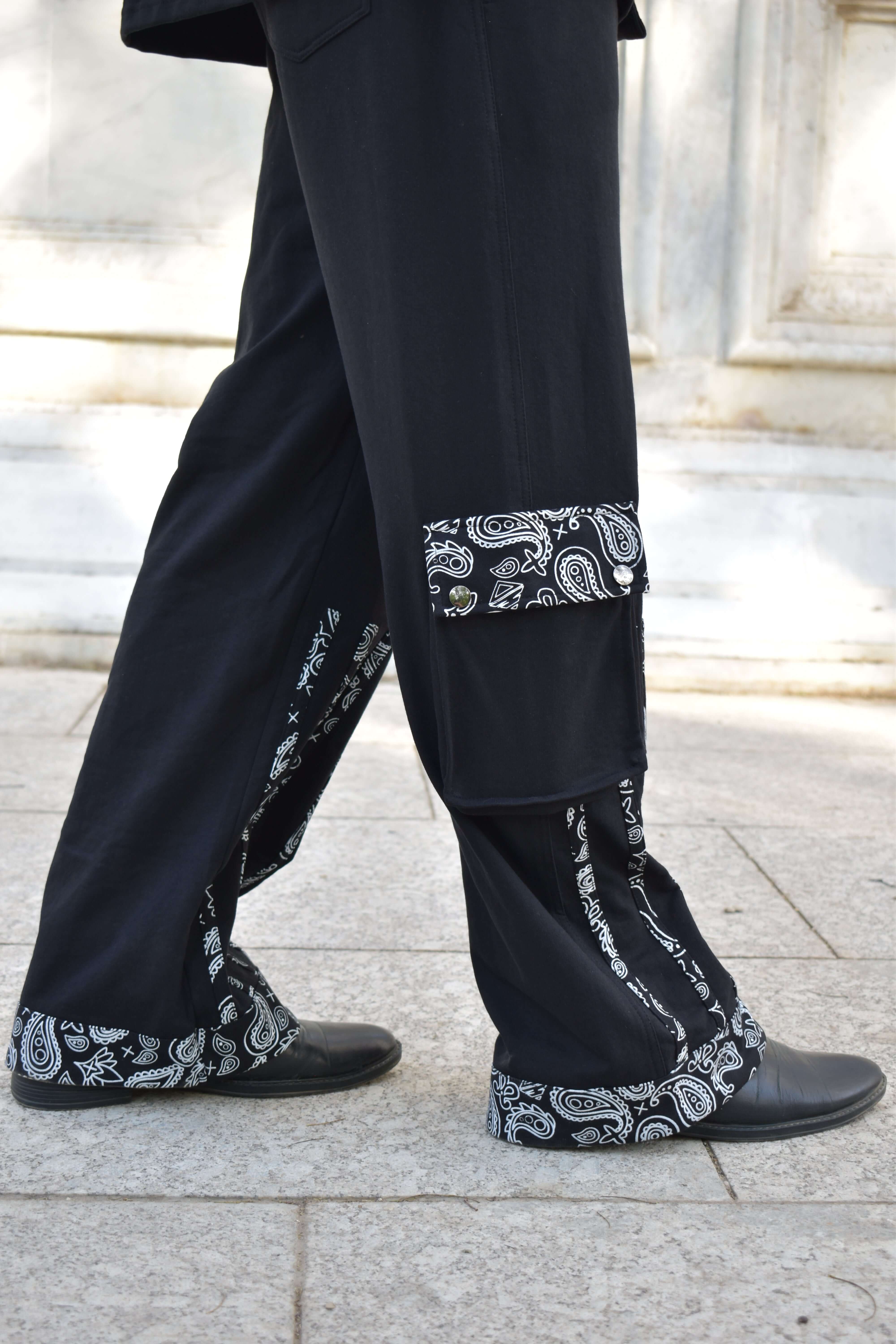 Side view of Sanganeri Co-Ord Set in black with paisley accents, made from 100% cotton terry, showcasing premium heavy gauge fabric.