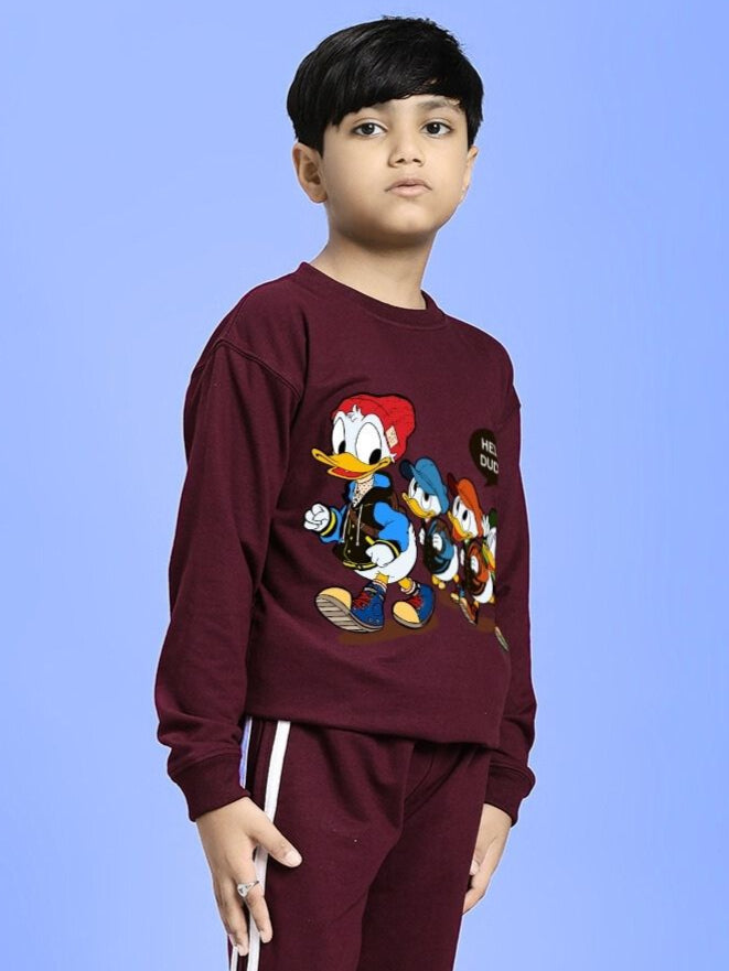 Child wearing SCHOOL DAYS SWEATSHIRT FOR BOYS AND GIRLS MAROON with cartoon characters on front.