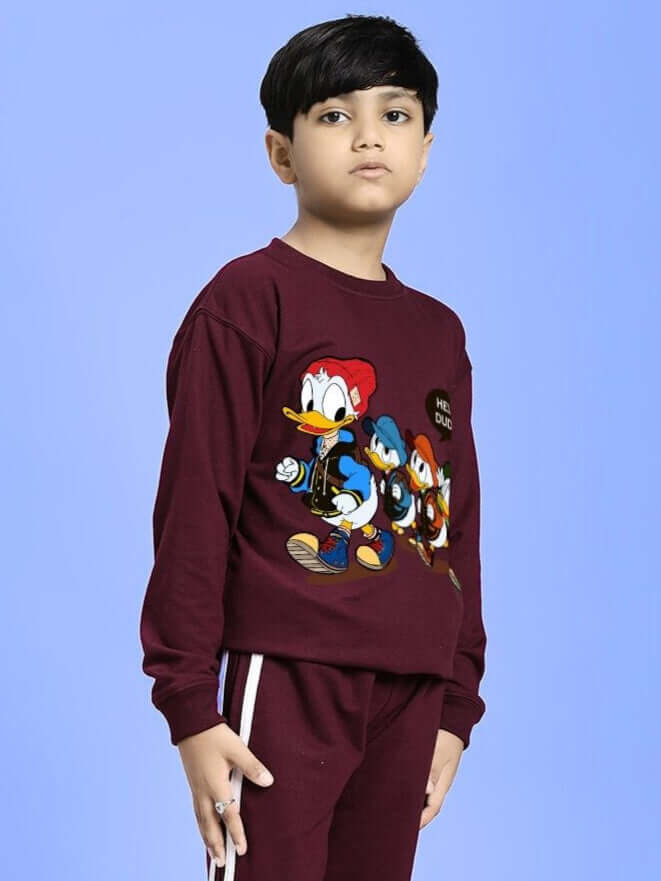 Child wearing SCHOOL DAYS SWEATSHIRT FOR BOYS AND GIRLS MAROON with cartoon characters on front.