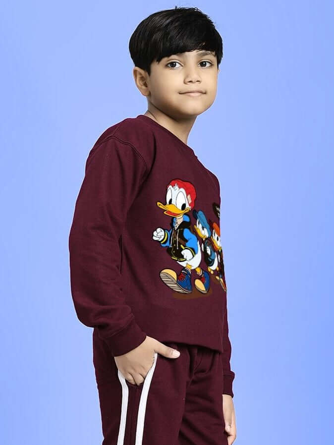Boy wearing SCHOOL DAYS SWEATSHIRT FOR BOYS AND GIRLS MAROON with cartoon design