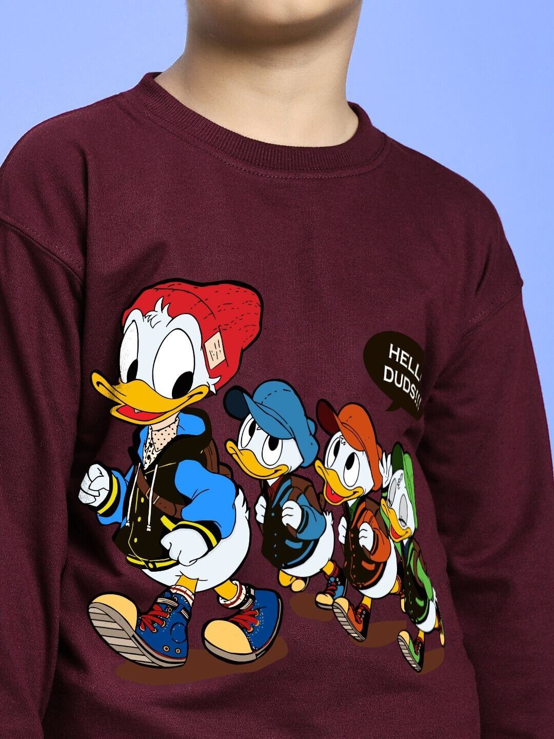 SCHOOL DAYS SWEATSHIRT FOR BOYS AND GIRLS MAROON featuring cartoon characters in colorful outfits on a blue background.