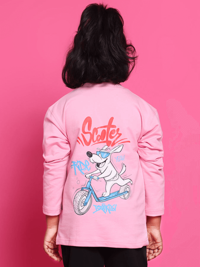 Child wearing a pink oversized sweatshirt with a scooter design, made for boys and girls. Custom fit available. Shipping takes 7-10 days.