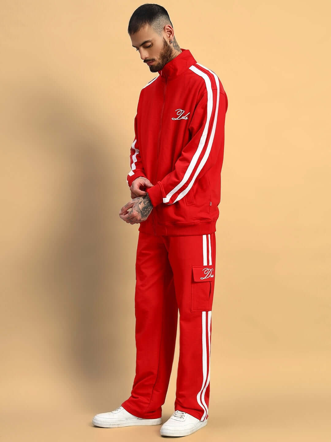 Man wearing WEARDUDS SCOTIA CO-ORD SET RED in premium heavy gauge fabric, 100% cotton terry, perfect for stylish comfort.