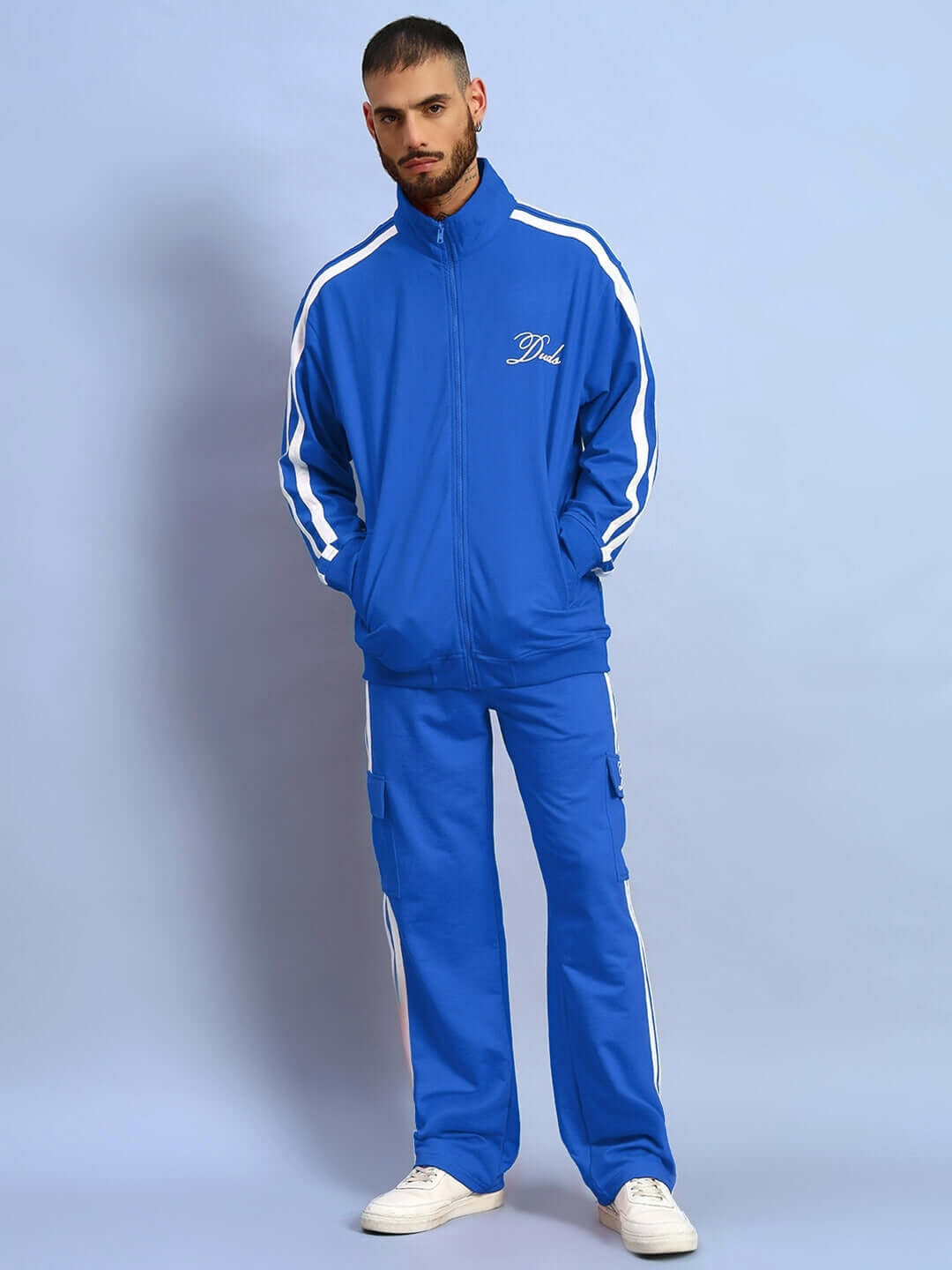 Model wearing WEARDUDS SCOTIA CO-ORD SET ROYAL BLUE in 100% cotton terry, featuring premium heavy gauge fabric.
