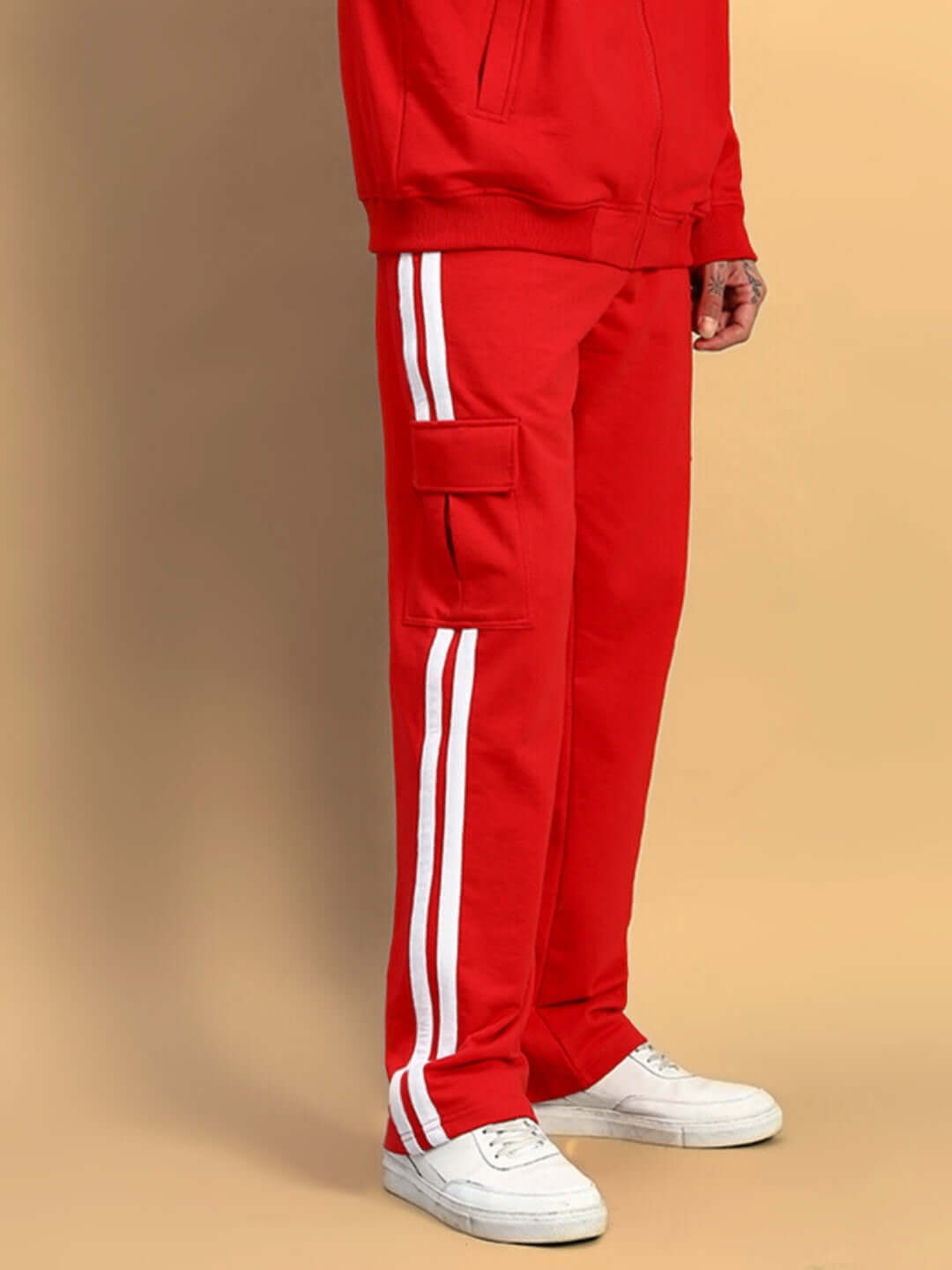Red SCOTIA STRIPE JOGGERS with white side stripes, tailored fit, suitable for custom size options, made to order with care by DUDS.
