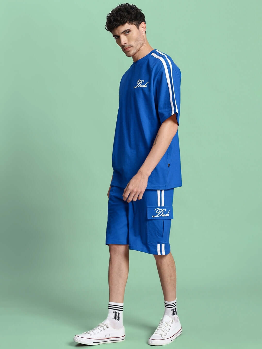 SCOTIA SUMMER COTTON TERRY CO-ORD SET BLUE worn by model.