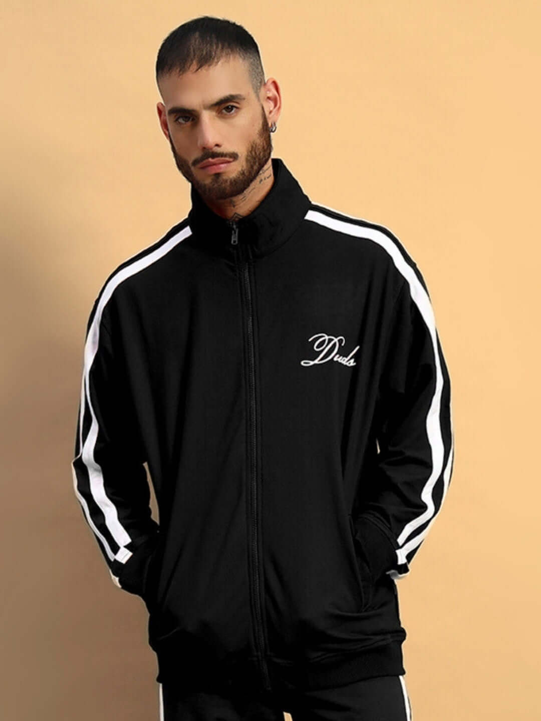 SCOTIA Jacket in Black by DUDS, stylish men's design with customizable fit, handcrafted by skilled tailors for made-to-order quality.