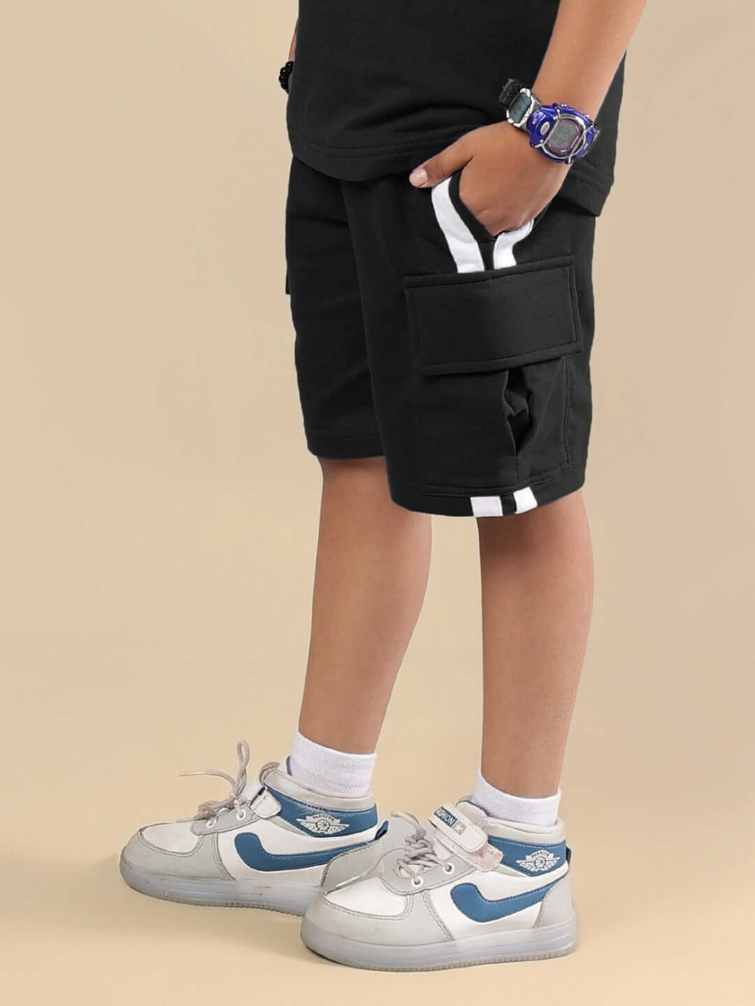 SCOTIA SHORTS FOR BOYS & GIRLS BLACK - Comfortable black shorts with side pockets for kids. Ideal for casual outings and active wear.