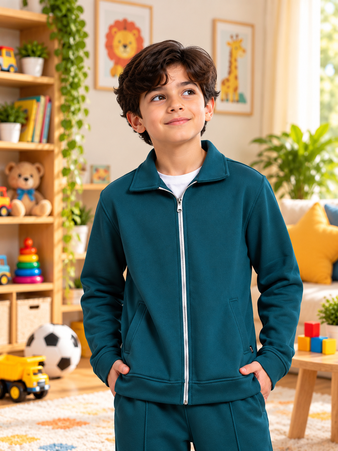 SHAGGY FLEECE JACKET FOR BOYS & GIRLS TEAL GREEN - Wearduds, view 1