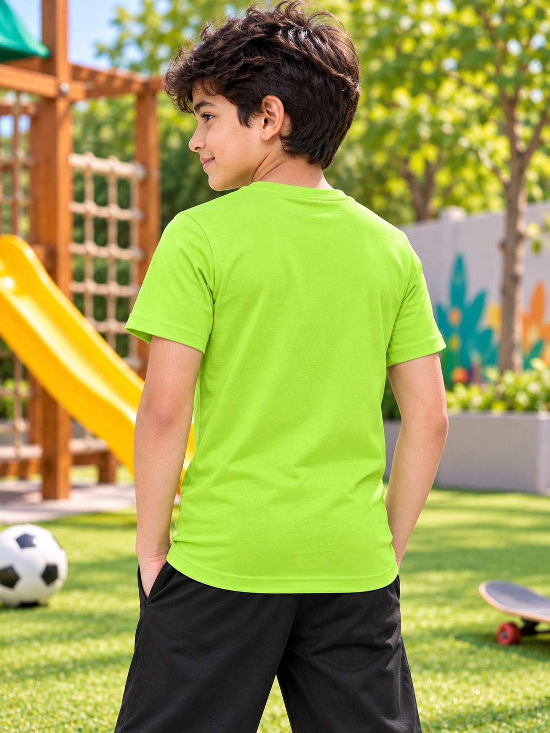 SHINCHAN GRAPHIC PRINTED T-SHIRT FOR BOYS GIRLS GREEN worn by boy outdoors in playground setting