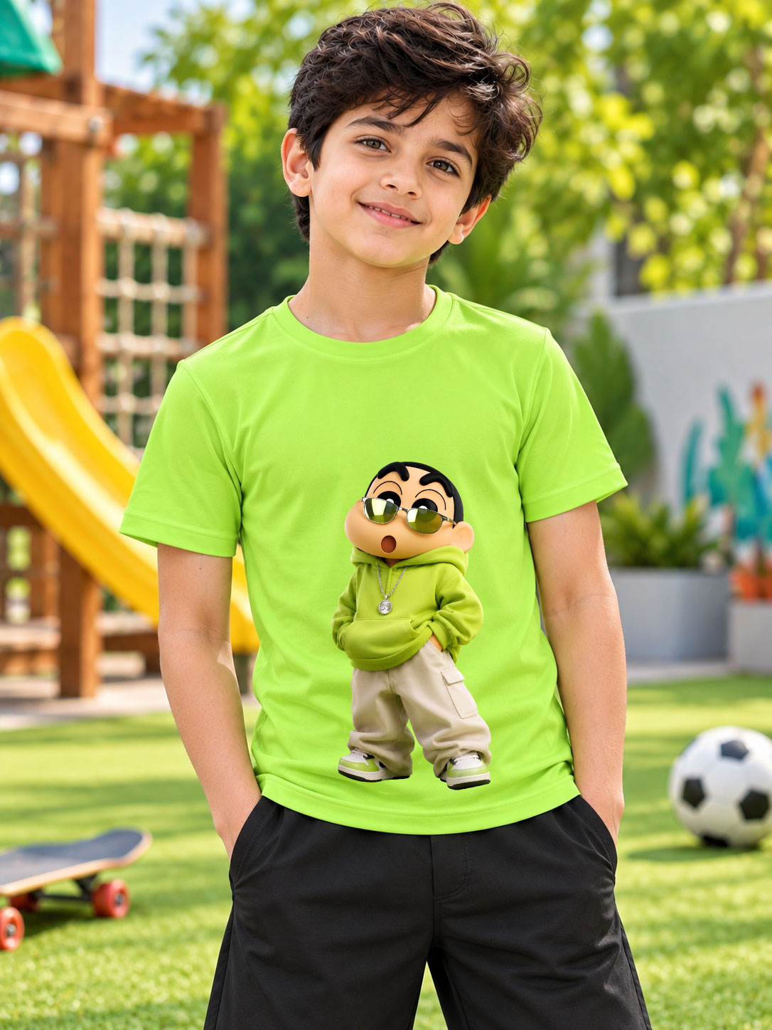 SHINCHAN GRAPHIC PRINTED T-SHIRT FOR BOYS GIRLS GREEN worn by a smiling boy in a playground setting