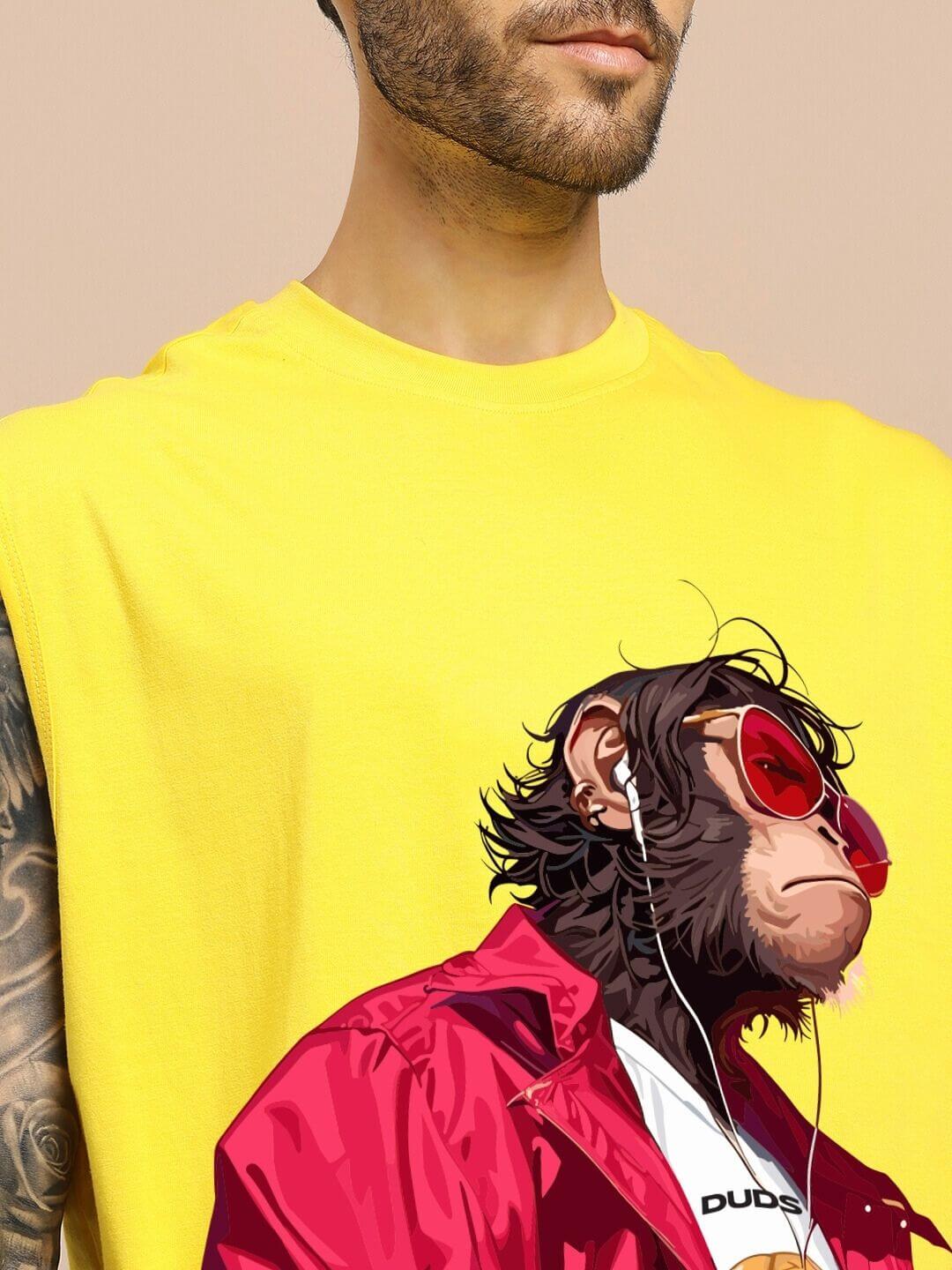 Man wearing SHOOTER MONKEY GYM T-SHIRT YELLOW with graphic design and vibrant color