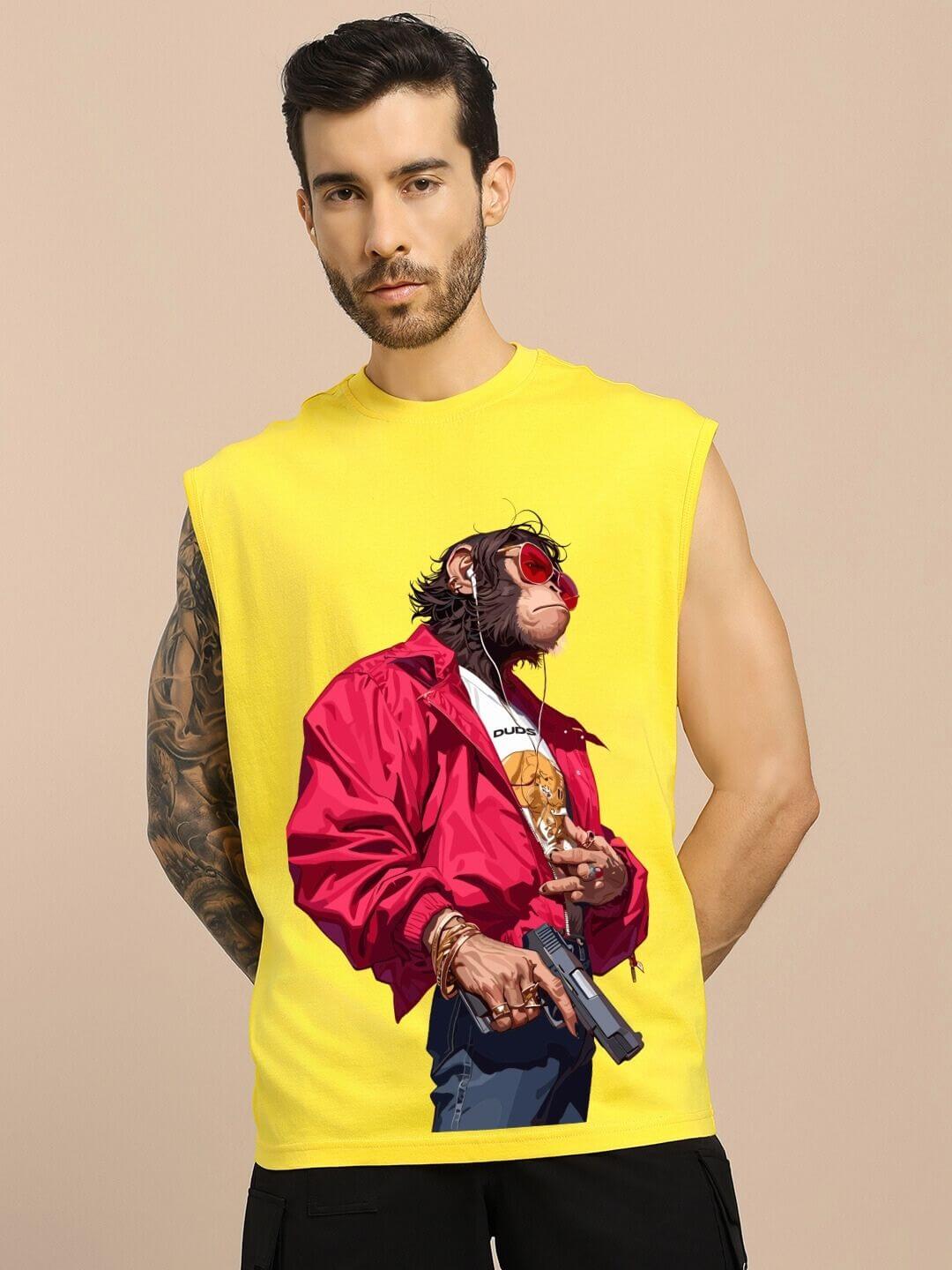 SHOOTER MONKEY GYM T-SHIRT YELLOW featuring graphic of monkey with red jacket and sunglasses