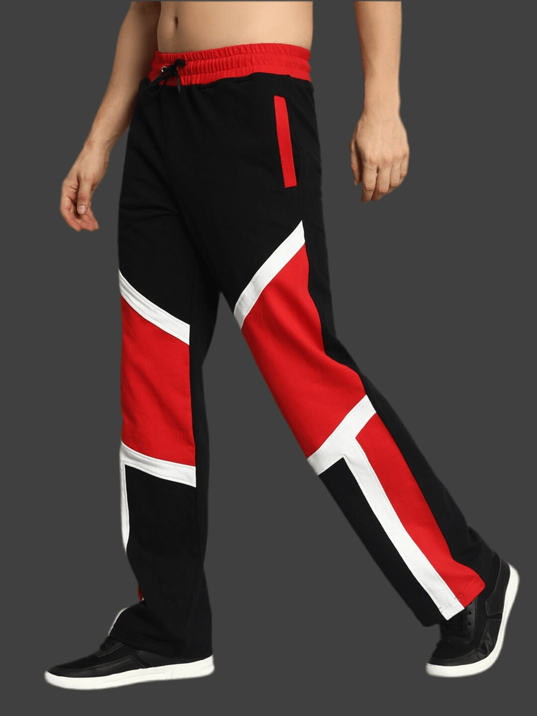 SHROUD Relaxed Fit Joggers in black and red with custom fit option by DUDS. Comfortable and stylish, perfect for casual wear.