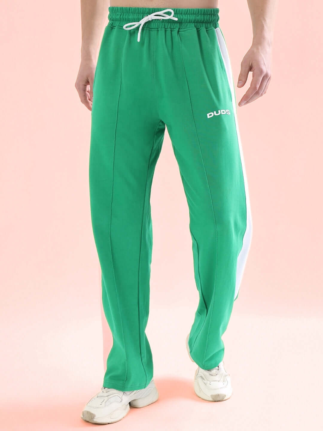 Green side seam plated joggers by DUDS, customizable fit available, made to order by experienced tailors.