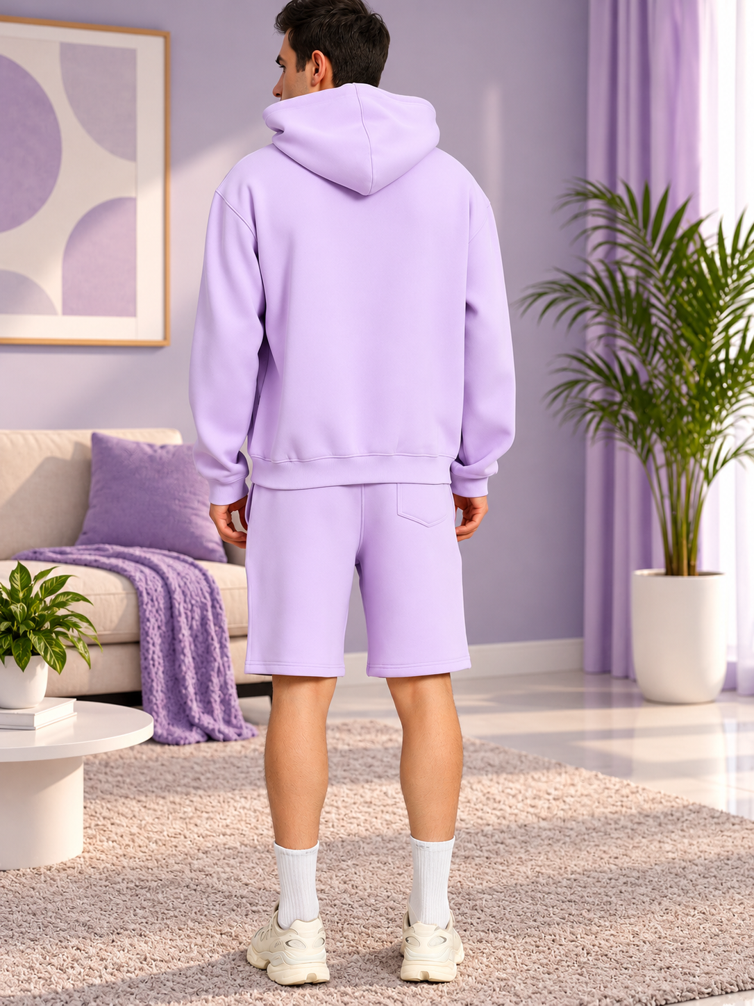 SILENT HUG PRINTED FLEECE CO-ORD LILAC worn by man in cozy home setting, back view showcasing soft fleece hoodie and shorts set