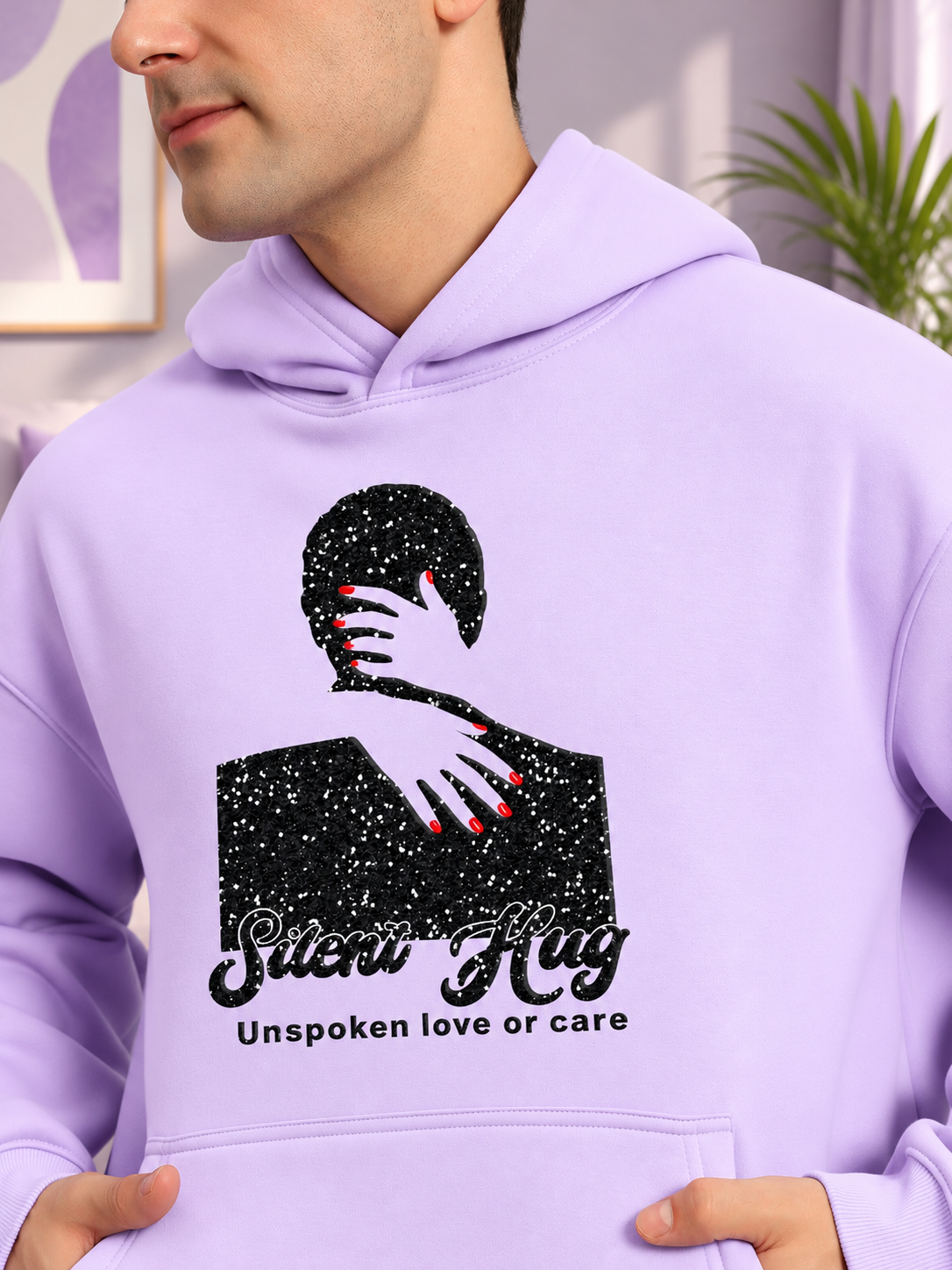 SILENT HUG PRINTED FLEECE CO-ORD LILAC hoodie with graphic print, soft plush fleece streetwear for cozy modern comfort