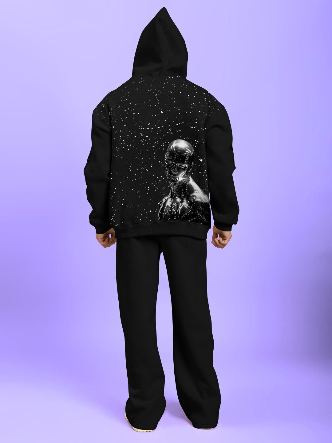 Back view of SILVER SURFER FLEECE CO-ORD SET BLACK featuring a Silver Surfer graphic on the hoodie in a cosmic design.