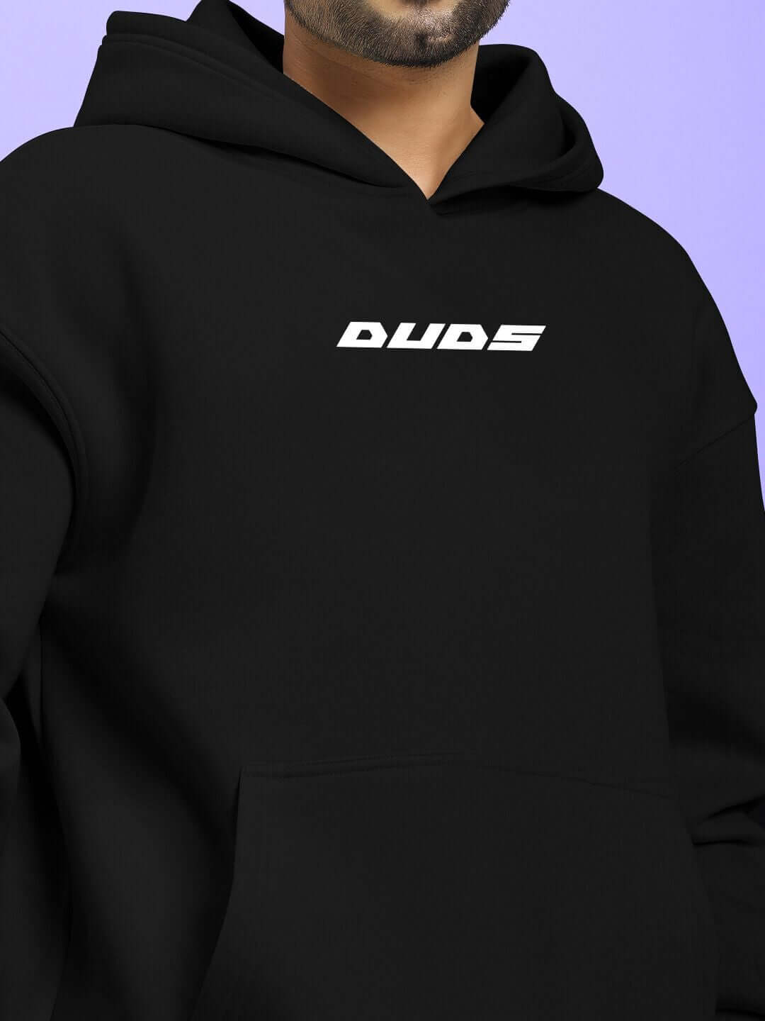 SILVER SURFER FLEECE CO-ORD SET BLACK hoodie with "DUDS" logo, showcasing stylish streetwear design.