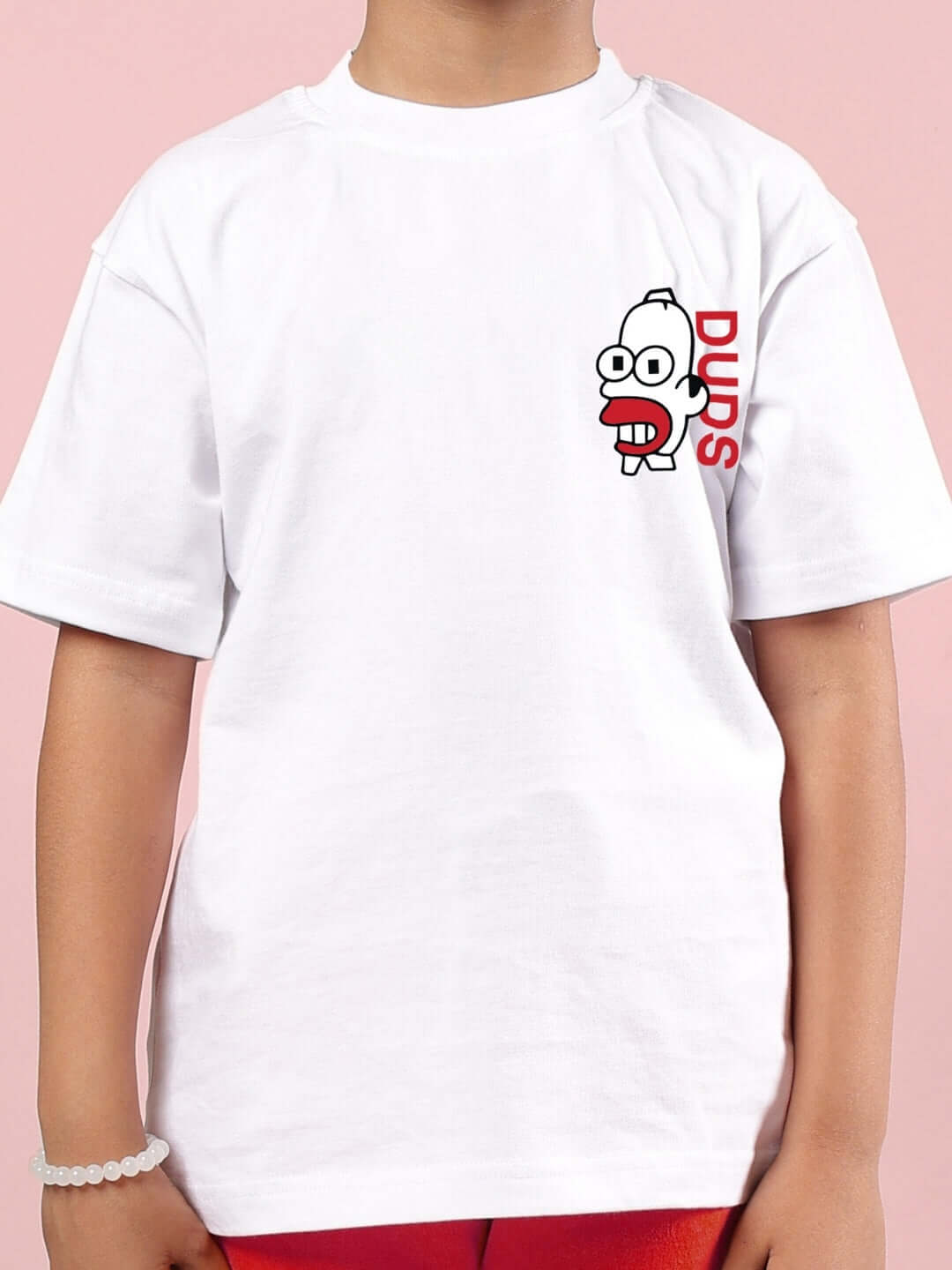 Child wearing SIMPSONS CO-ORD FOR BOYS & GIRLS WHITE-RED outfit by DUDS, featuring white t-shirt with cartoon graphic and red lettering.