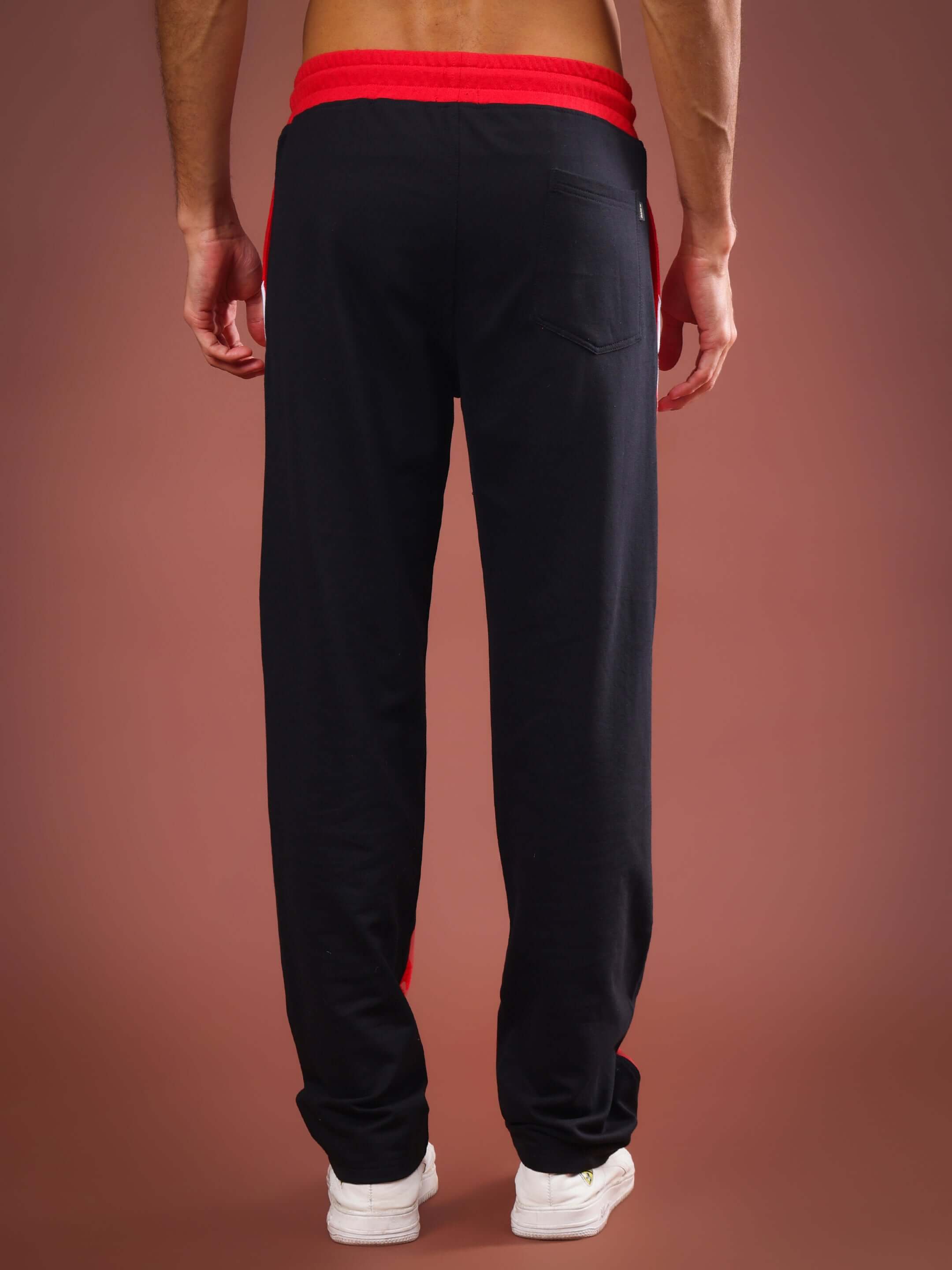 Back view of Skater Korean Baggy Joggers in red and black, designed by DUDS, featuring a comfortable fit and customizable size options.