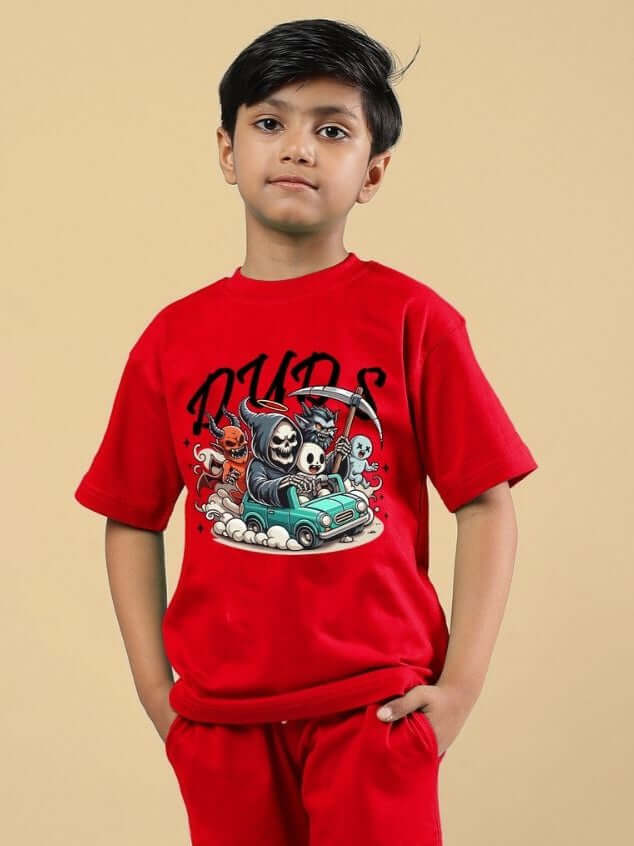 Boy wearing SKELETON RIDER CAR PRINT T-SHIRT FOR BOYS AND GIRLS RED, showcasing a bold design with a skeleton riding a car