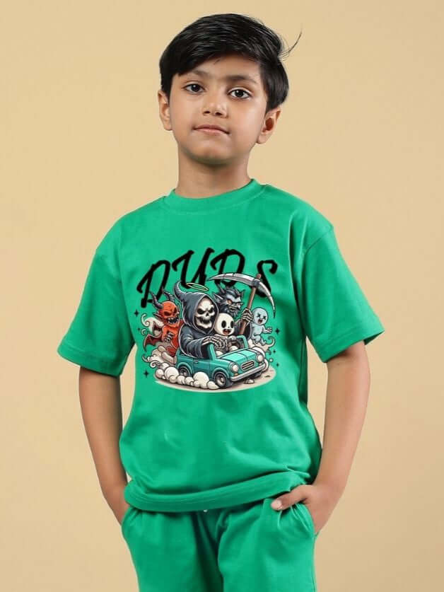 Boy wearing Skeleton Rider Car Print T-Shirt for Boys and Girls Green