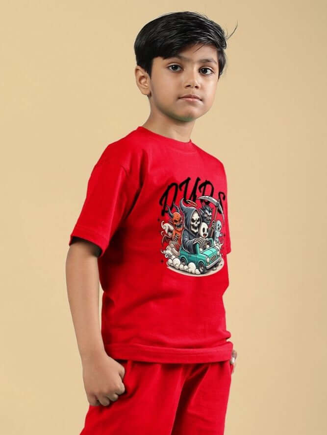 SKELETON RIDER CAR PRINT T-SHIRT FOR BOYS AND GIRLS RED featuring a child wearing a red tee with a graphic print.